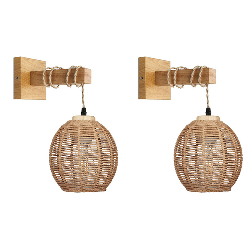 JINMY 2X Retro Wall Light Woven Rattan Wood Sconces Living Room Bedside Lamp Vintage Bedroom Decoration Lighting-B