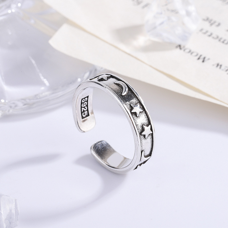 【New Retro Thai Silver Star Moon Ring Fresh Simple Sweet Elegant Ins Style Ring