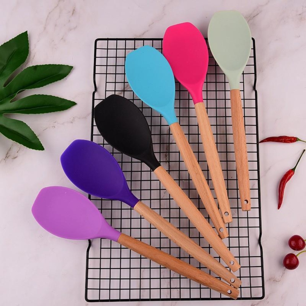 New Silicone Large Stirring Spoon Long Wood Handle Heat Resistant Salad Agitator Scoop Multi-purpose Egg Spatula for Kitchen Utensils