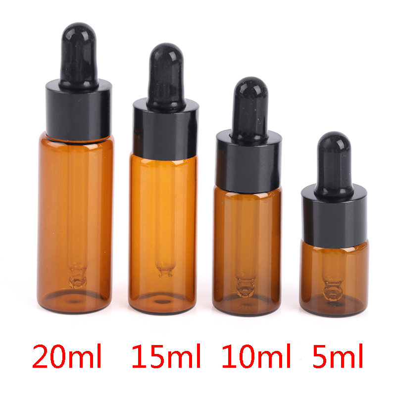 Aweisuan Hot Sale 5Pcs 5ml 10ml 15ml 20ml Amber Glass Dropper Bottle Jars Vials With Pipette For Cosmetic Perfume Essential Oil Bottles