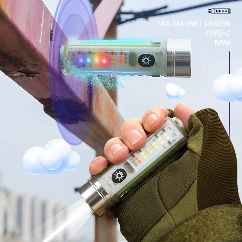 New Powerful LED Mini Flashlight Multifunction Spotlight Lamp Type-C Rechargeable With Magnet Torch For Searching Emergency Light