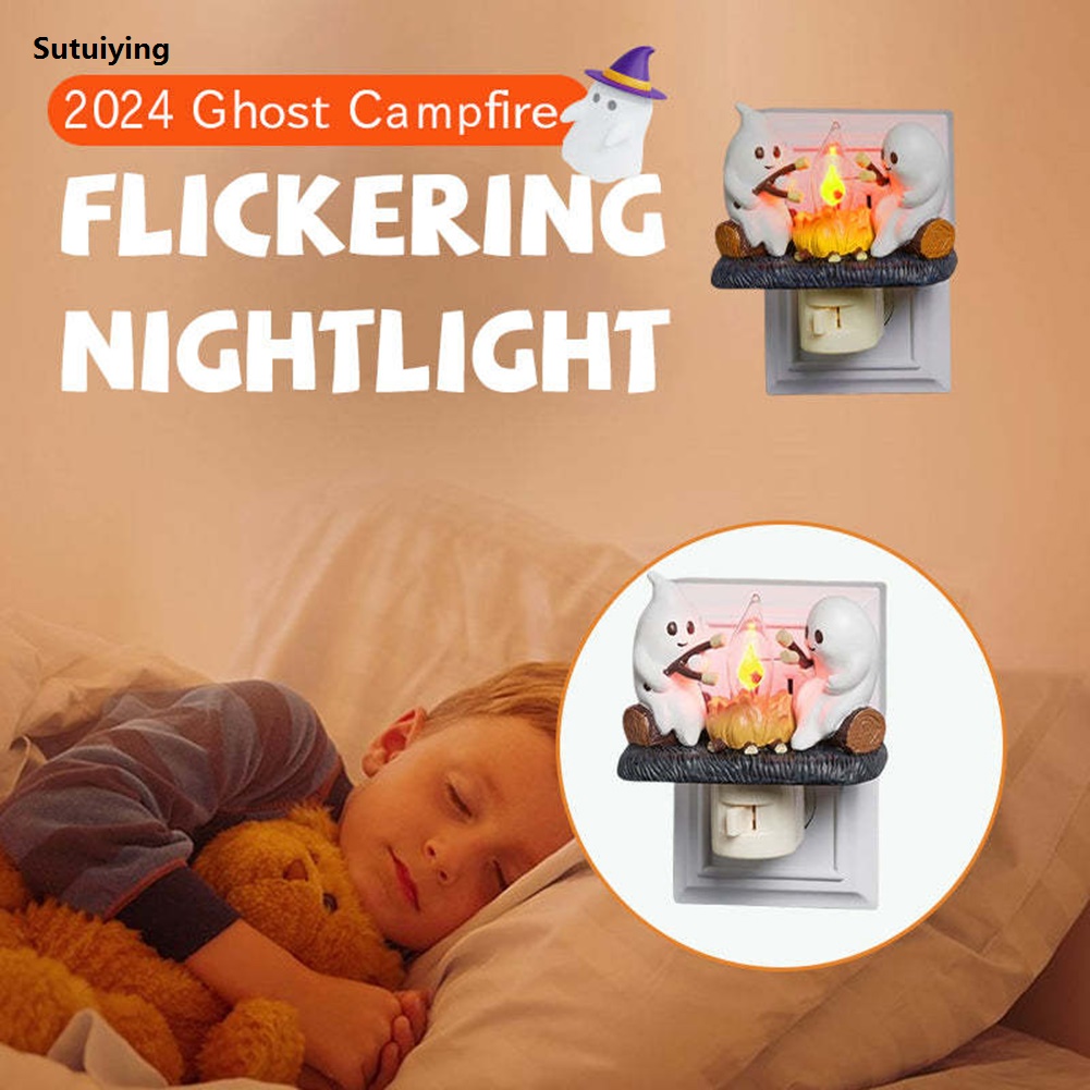 Sutuiying Halloween Decoration LED Ghost Campfire Flickering Night Light 2025 New Plug Into Wall Resin Ghosts Roasting Marshmallow Light Gift