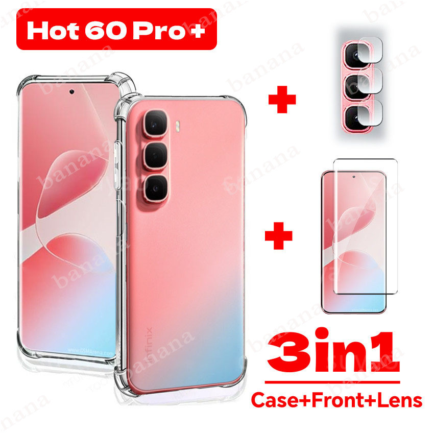 3In1 infinix Hot 60 Pro Plus Pro+ Phone Case Clear Transparent Casing For Hot60Pro+ Hot60Pro Shockproof Soft TPU Tempered Glass Screen Protective Film Camera 9H Back Cover