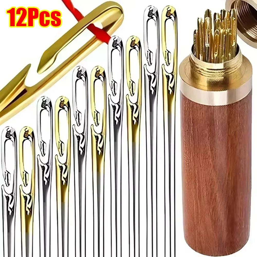 12Pcs/Set New Stainless Steel Side Hole Blind Sewing Needles Easy Needless Threading Big Hole Design Self Threading Elderly Needles Hand Stitching Sewing Pin Household Sewing Accessory