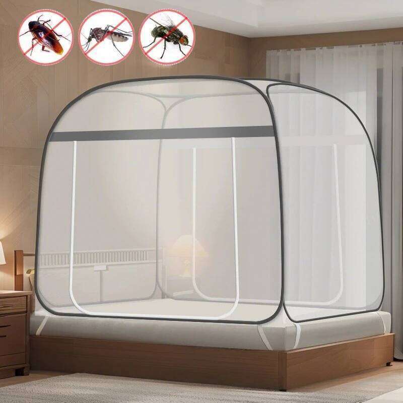No Installation Square Top Mosquito Net Tent with Zippered Doors Wire Frame Foldable Double Bed Canopy for Summer Protection