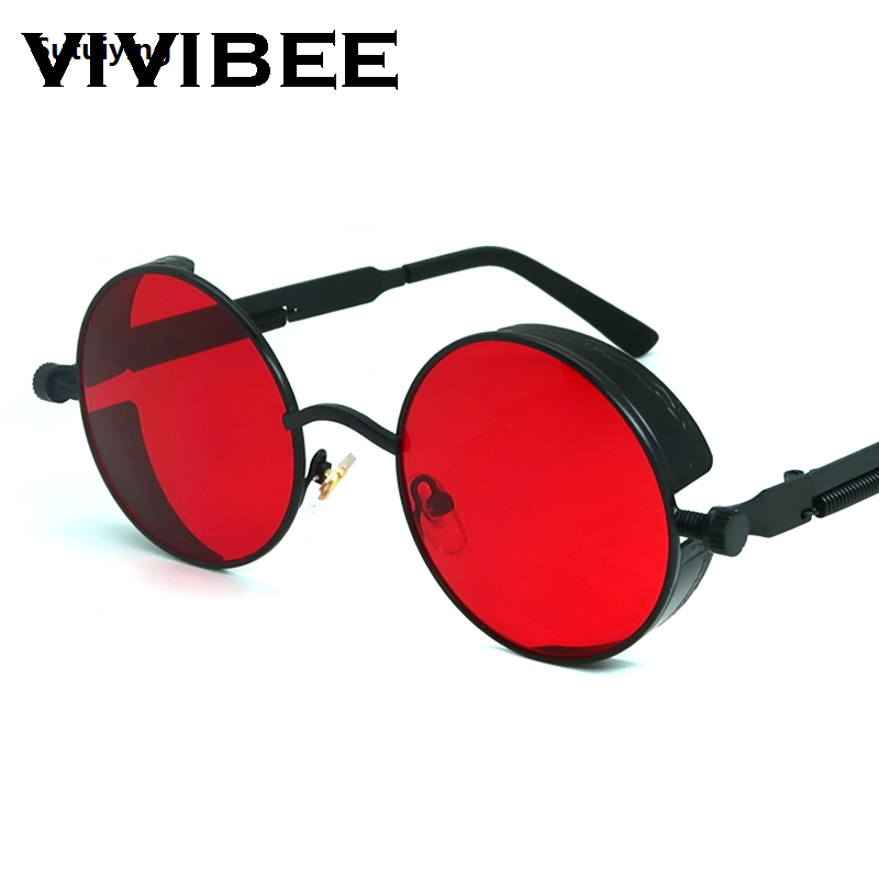 Sutuiying VIVIBEE Steampunk Sunglasses Men 2025 Trending Gothic Round Profesional Alloy Red Metal Punk Goggles Retro Party Sun Glasses