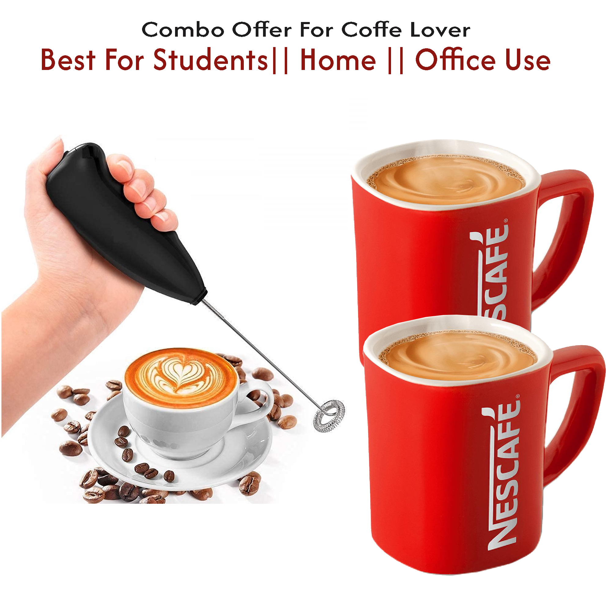 2-in-1 Coffee Lover Combo: Electric Mini Egg Beater & Milk Frother with Classic Ceramic Coffee Mug