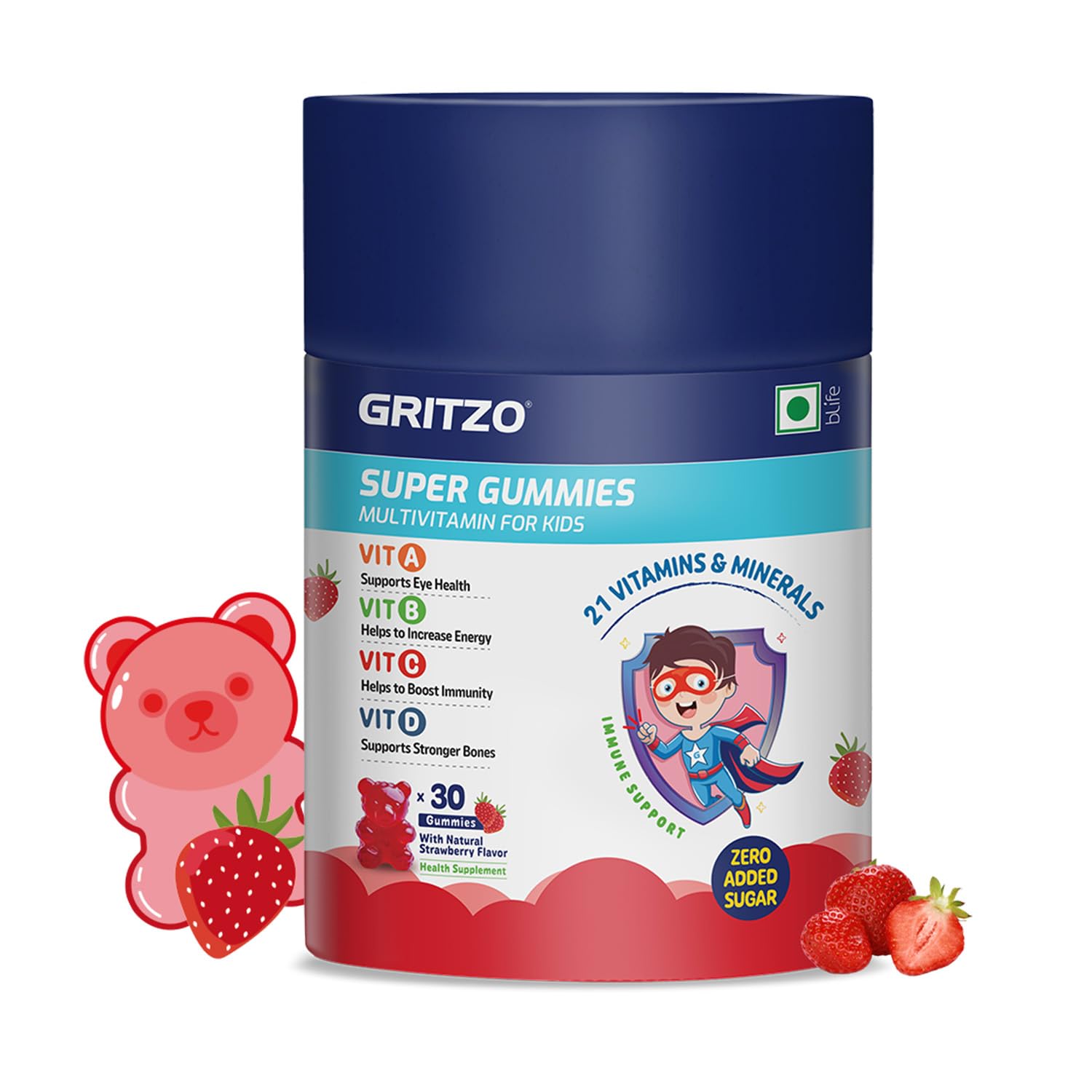 HealthKart Kids Multivitamin Super Gummies with 21 Vitamins & Minerals Zero Added Sugar Natural Orange Flavor 30 Gummies