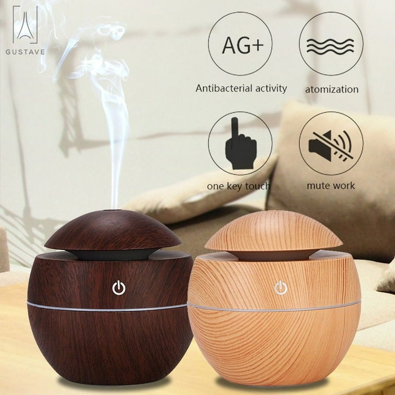 Round Shape Wood Grain Cool Mist Humidifier Mini Aroma Essential Oil Diffuser Humidifiers Essential Oil Diffuser Aroma Air Humidifier With Led Light