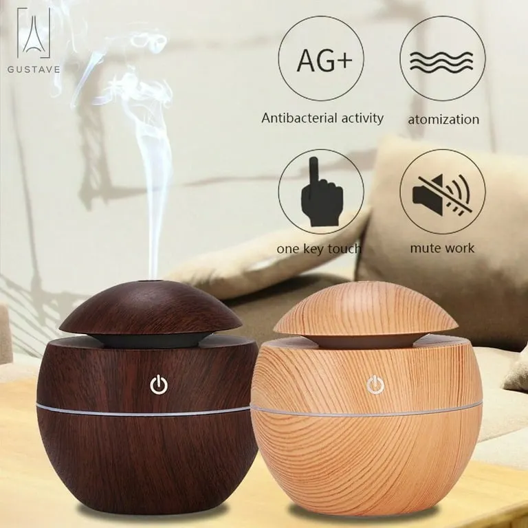 Round Shape Wood Grain Cool Mist Humidifier Mini Aroma Essential Oil Diffuser Humidifiers Essential Oil Diffuser Aroma Air Humidifier With Led Light