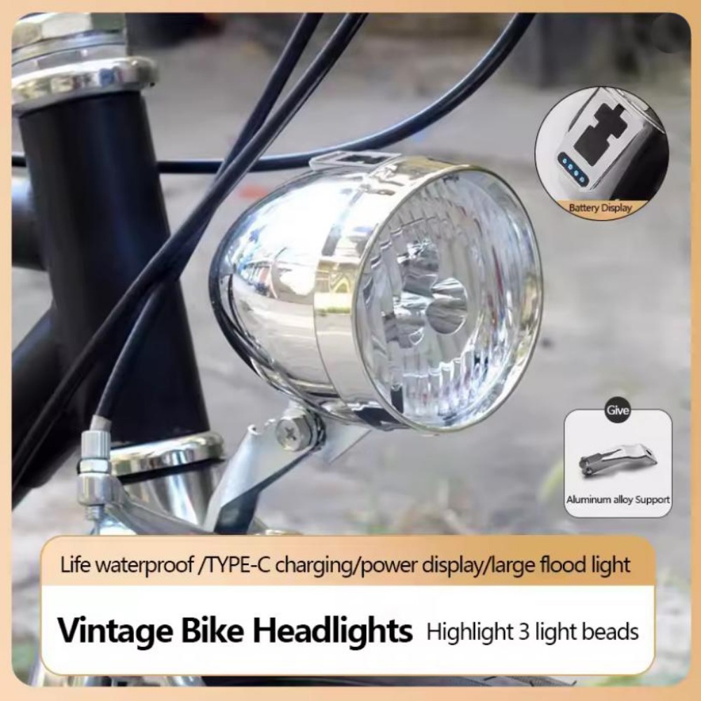 New 3 LED Bike Front Bright Light with Bracket Black MTB Road Bike Vintage Head Light Retro Vintage Headlight for Night Riding