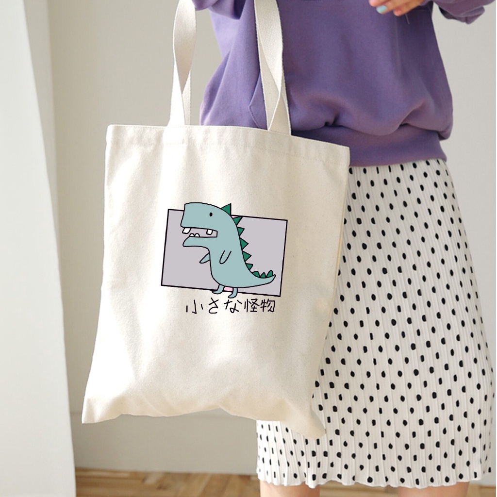 Animal Cartoon Dinosaur Print Canvas Bag Large Closure Unisex Tote Bags Shopping Bag Shoulder Bag Reuse Foldable Kawaii CLVT