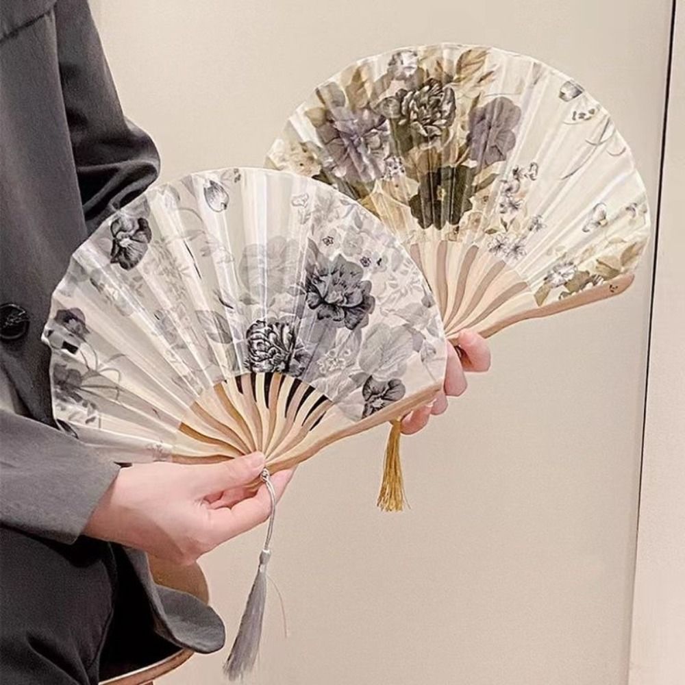 New Chinese Style Hand Fold Fan Woman Men Portable Silk Flower Folding Fan Bamboo Wood Dance Props Retro Shell Fan