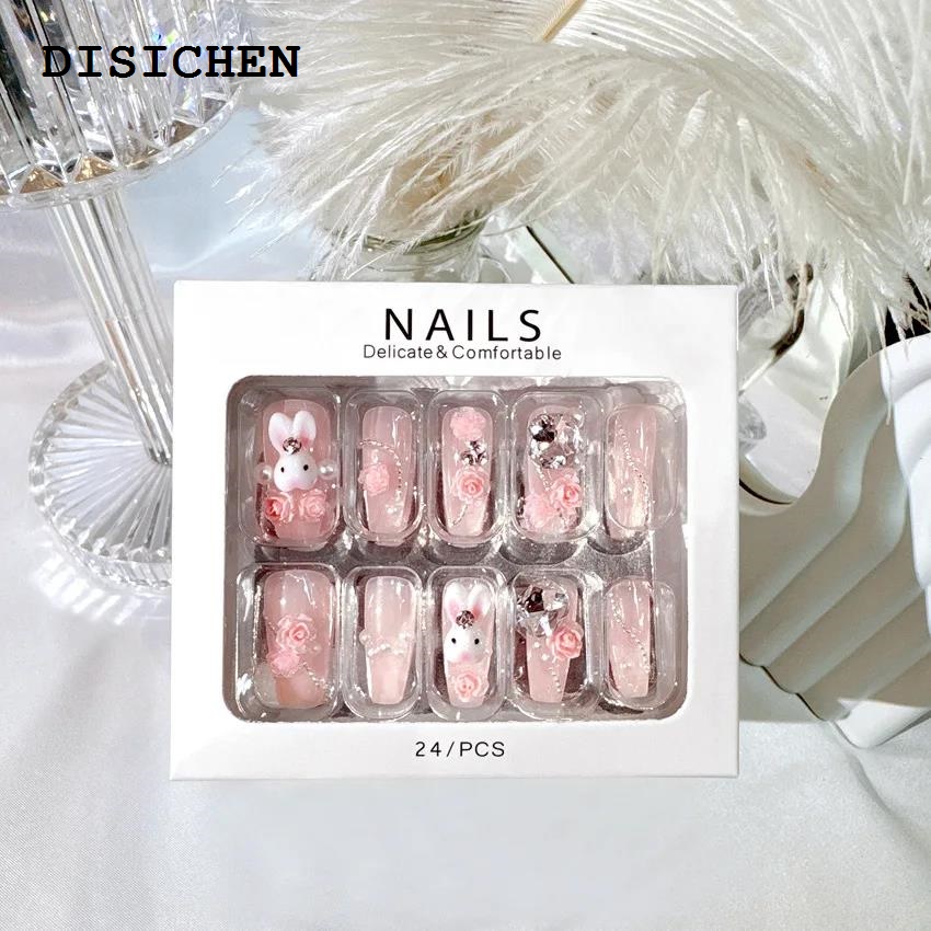 DISICHEN 2025 New 24PCS Nails 3D Rabbit Star Rhinestone Designs White Blue Color Press on Nails Ballerina False Nails for Women DIY Manicure