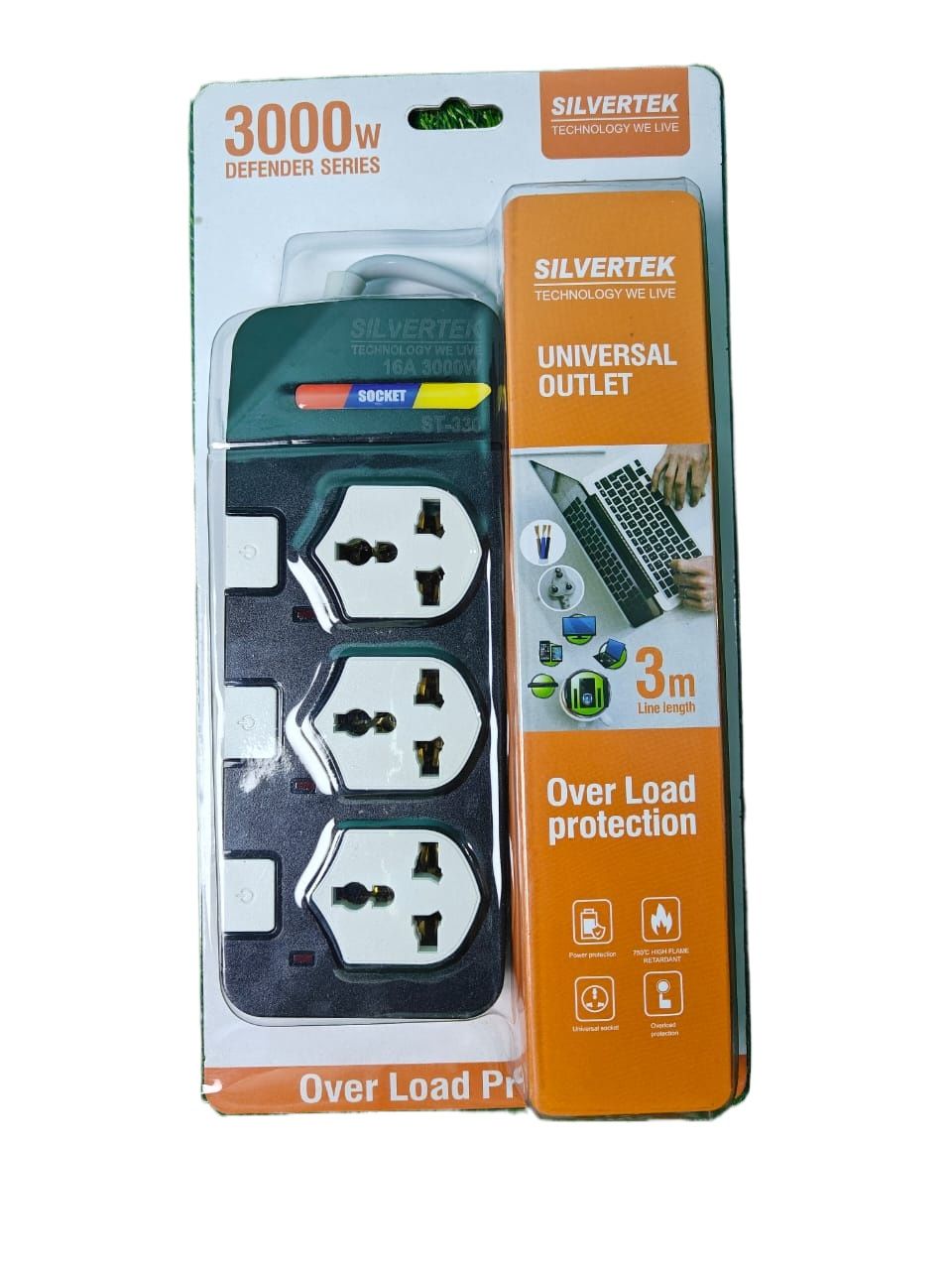 3000W Silvertek Multiplug (with individual switch) | 6charging port | 3 meter wire | Extension Cord | Best usage for Home, Office, School , Fish Tank