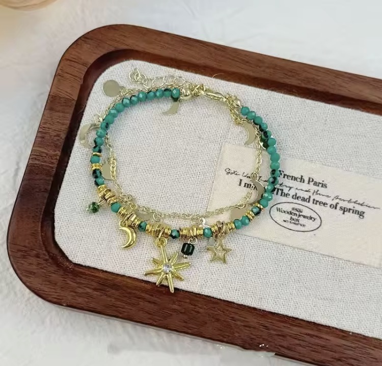Masala Beads Vintage Bohemian Green Beaded Star Moon Stacked Double Layered Bracelets For Women Adjustable Bracelet Charm Pendant Jewelry Gifts