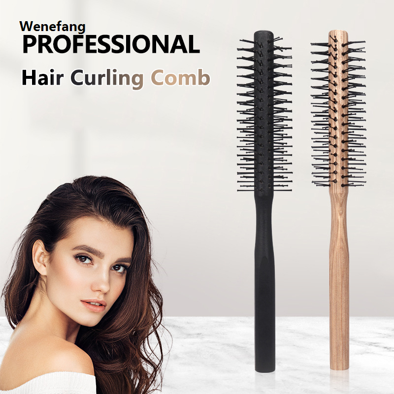 Wenefang Straight Curly Hair Styling Round Comb Anti-Static Mini Roller Hairbrush With Wooden Handle