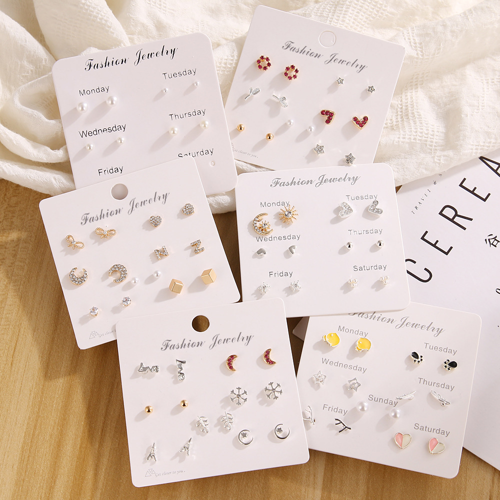 【Top-notch quality】[7 pairs] one earring suit students versatile fashion heart ins earrings MS965