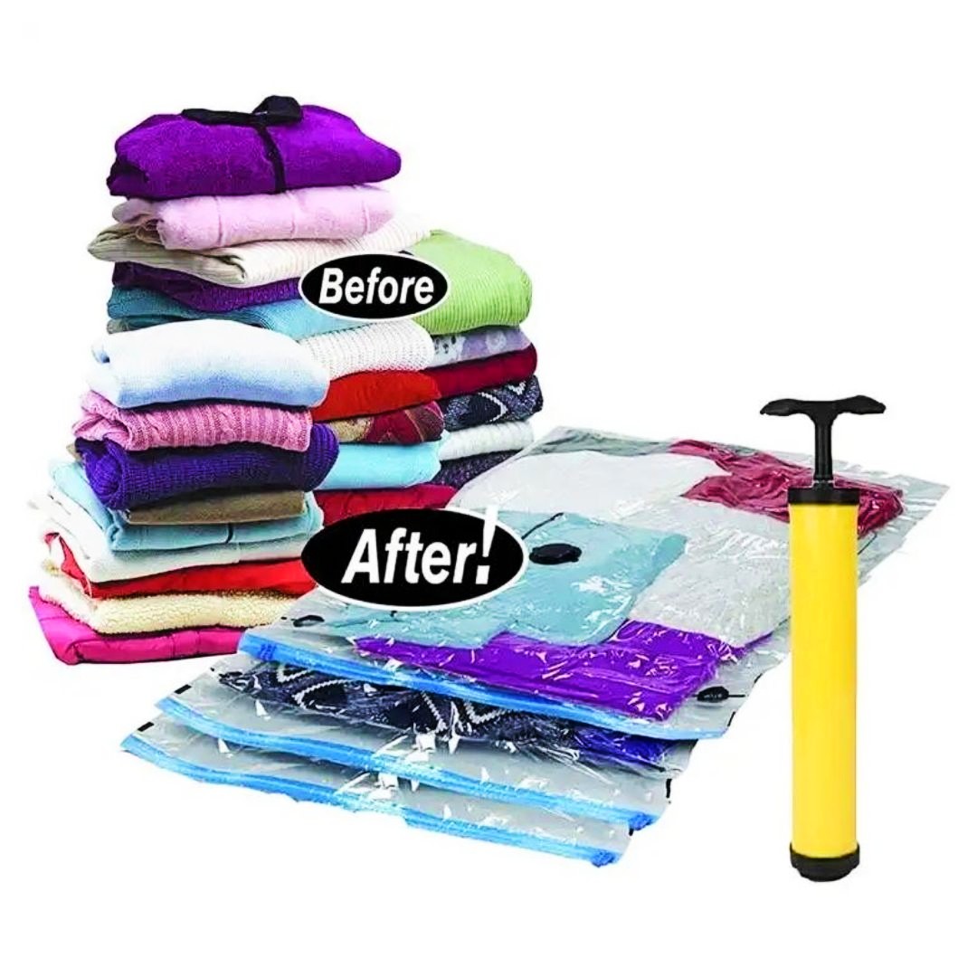 Reusable Space Saving Vacuum Storage Zip Lock Bag - Pack Of 5- Free Pump