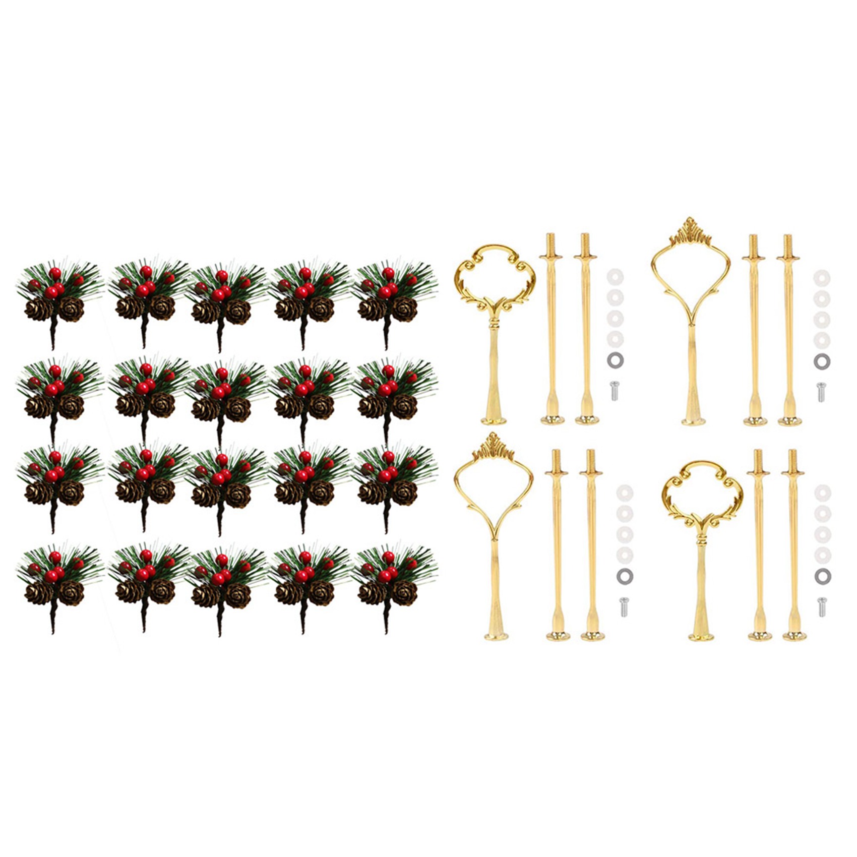 FORIDE 1 Set Artificial Flower Christmas Berry Pine Cone Branches & 1 Set 2 Styles Fruit Cake Plate Handle Cake Tray Stand