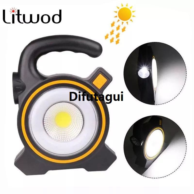 Difutagui Solar Cob Work Portable Light - Black White 1PCs Portable COB Work Lamp LED Lantern Waterproof Profesional Solar Charging Emergency Spotlight Rechargeable Floodlight for Outdoor Hiking Camping Light