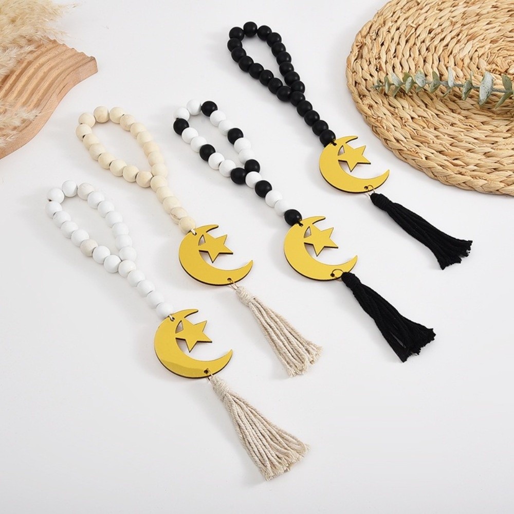 Creative Handmade Wooden Beads Pendant Rustic Style Decorative Mubarak Decor with Tassel Smooth Star Moon Pendant Festival Gift