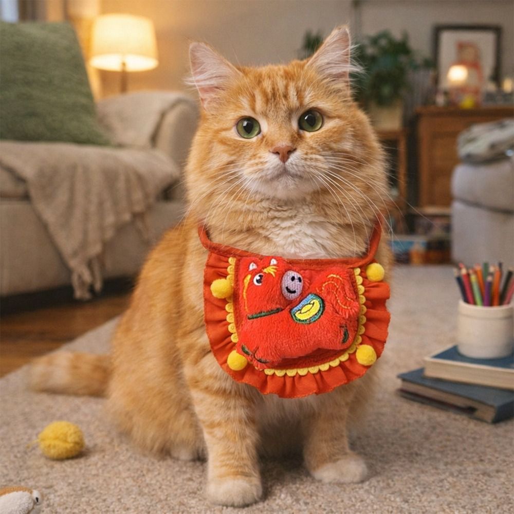 Cute Cartoon New Year Cat Scarf 2026 Horse Year Embroidered Pet Scarf Funny Comfortable Dog Drool Bib Spring Festival