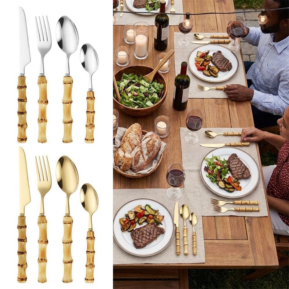 Creative Bamboo Handle Forks Spoons Cutlery Set Stainless Steel Kitchen Utensils Flatware Set Gold Silver Tableware Set Table Setting