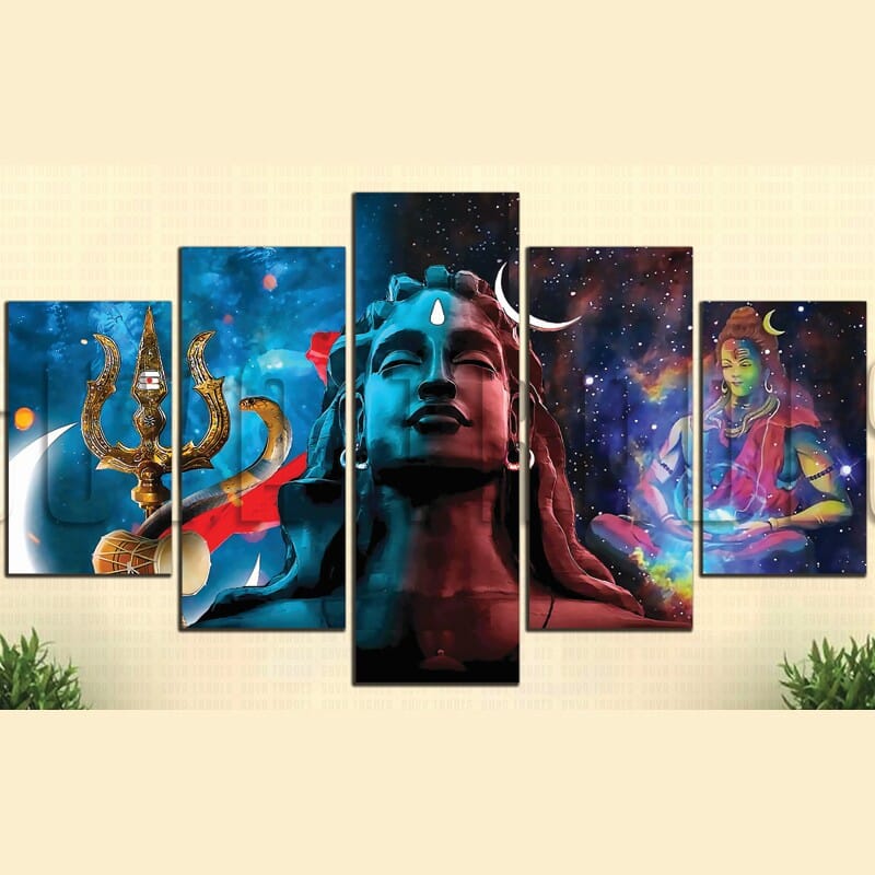 5 Piece Panel Adiyogi Shiva God Canvas Art with Wooden back Frame by Om Suva Trades