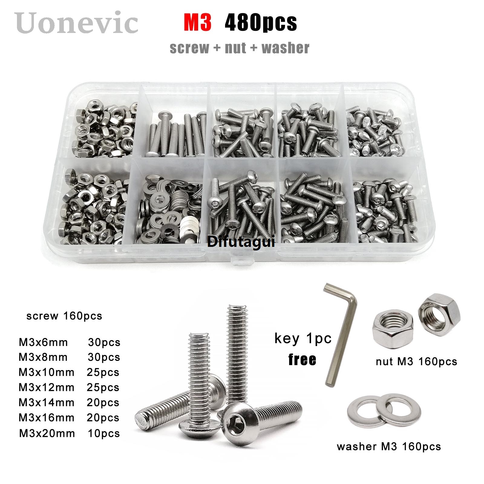 Difutagui SO7380 Combo Kit I3 M4 M.6 M2 1 Box M1M2.5 M5 M6 M8 304 Luxury 2025 New Stainless Steel Hex Hex Receptacle Hex Screw Bolt Nut