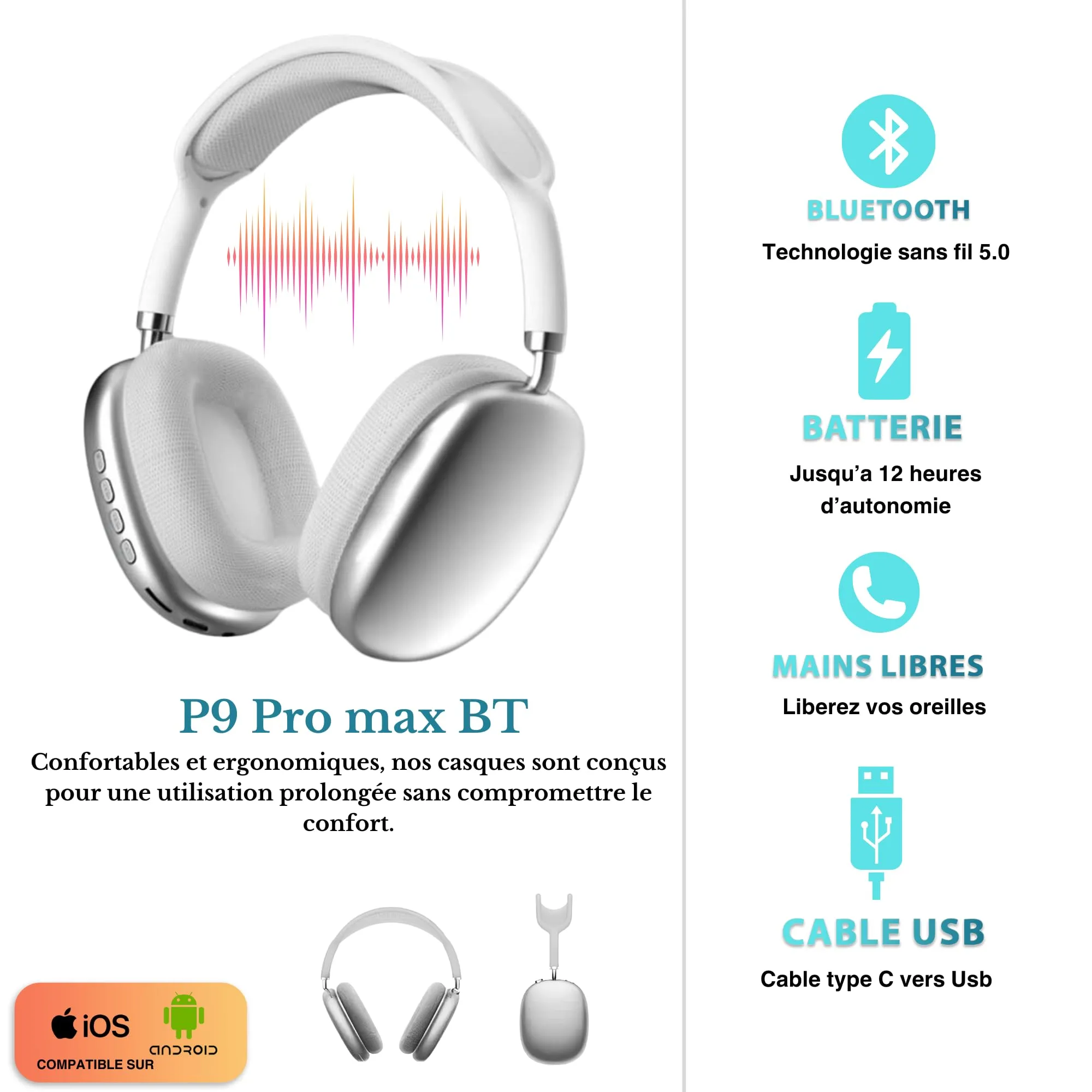 Pro Max P9 | P9 Wireless Bluetooth Headphones HiFi Stereo Over-Ear Headset with Mic, Noise Cancelling Sports Earphones, Spatial Audio & Transparency Mode, 20-Hour Playtime for i-Phone, Android, Laptop & Gaming
