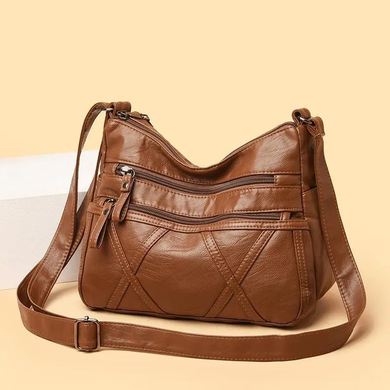 Women's PU Leather Side Bag with 5 Pockets Lightweight Shoulder Handbag for Moms and Daily Use