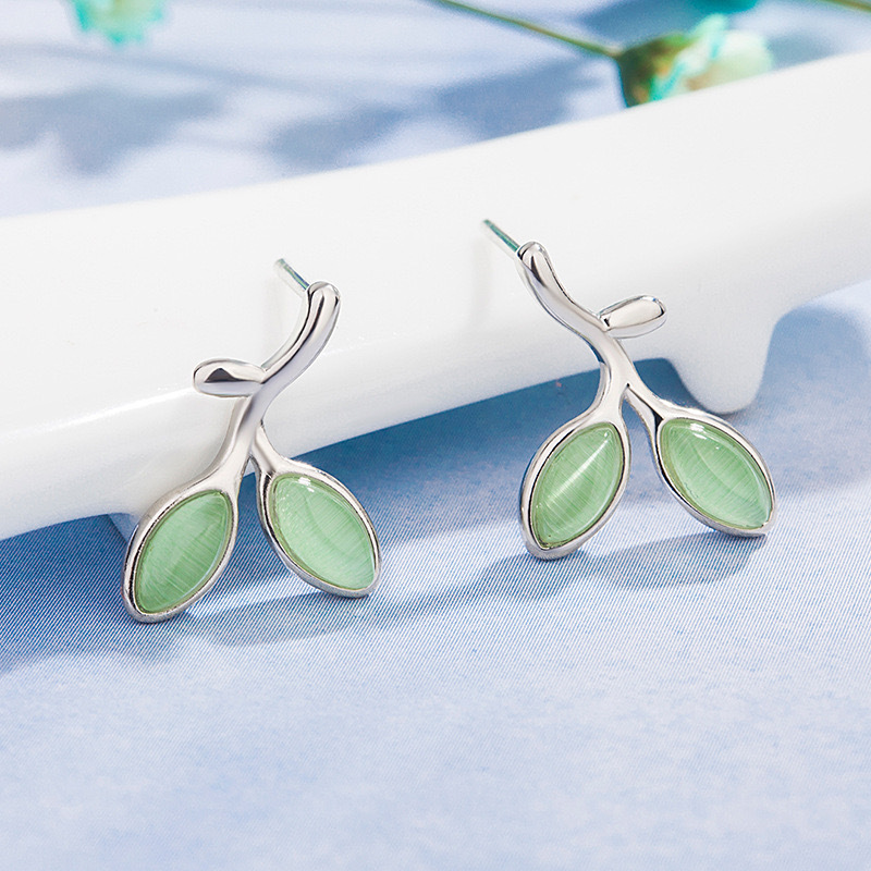 Sale】Korean Style Green Fresh Style Ear Drop Female Cat's Eye Stone Bud Ear Leaf Earrings Mori Style Artistic Earrings