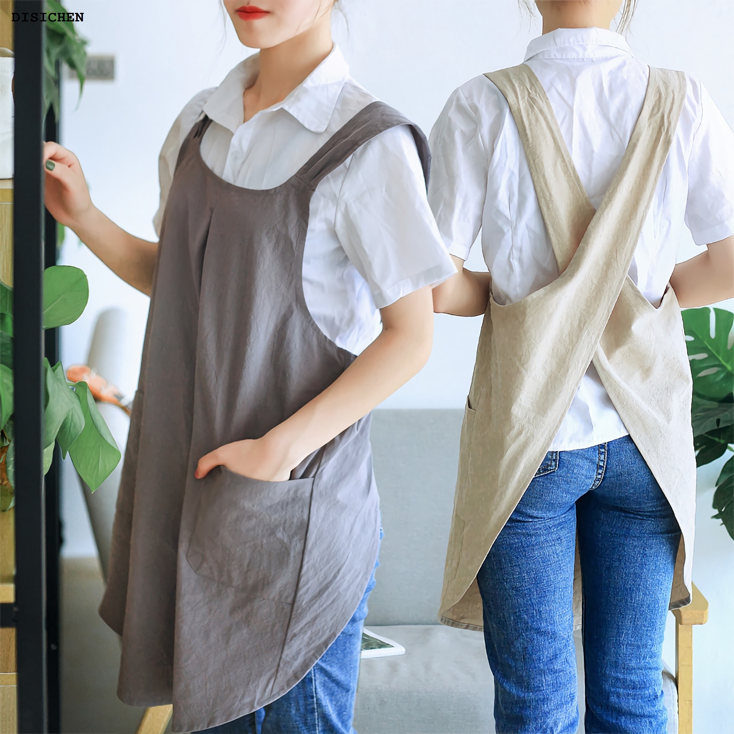 DISICHEN High Quality Women Cotton Linen Cross Back Apron Japanese Housework Baking Wrap korean Florist Dress Solid Color Garden Kichen Apron