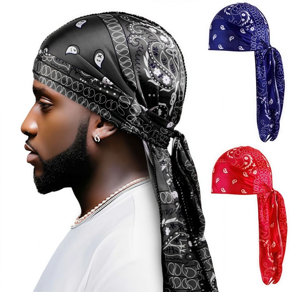 Fashion Amoeba Print Men's Headscarf Breathable Imitation Silk Long Tail Pirate Cap Lightweight Wave Print Cycling Hat Outdoor