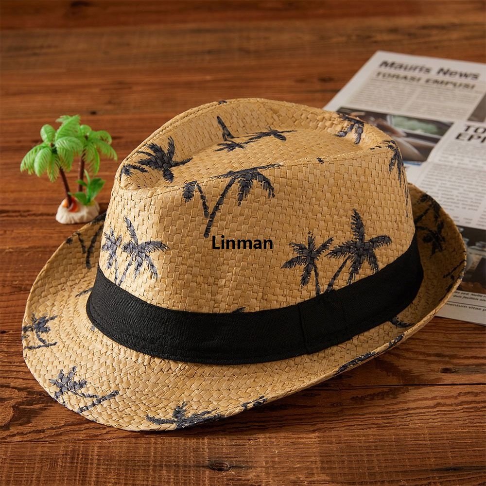 Linman Summer Coconut Trees Pattern Straw Hat UV Protection BrAffordable eathable Jazz Hat Casual Wide Brim Panama Cap Men Women