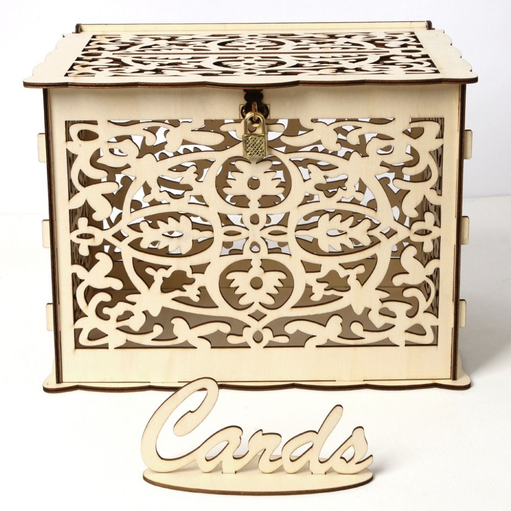 Reusable Wood Wooden Gift Card Box Natural Colour 25*20*18.3 CM Hollow Sign-in Box Wedding Card Box Party