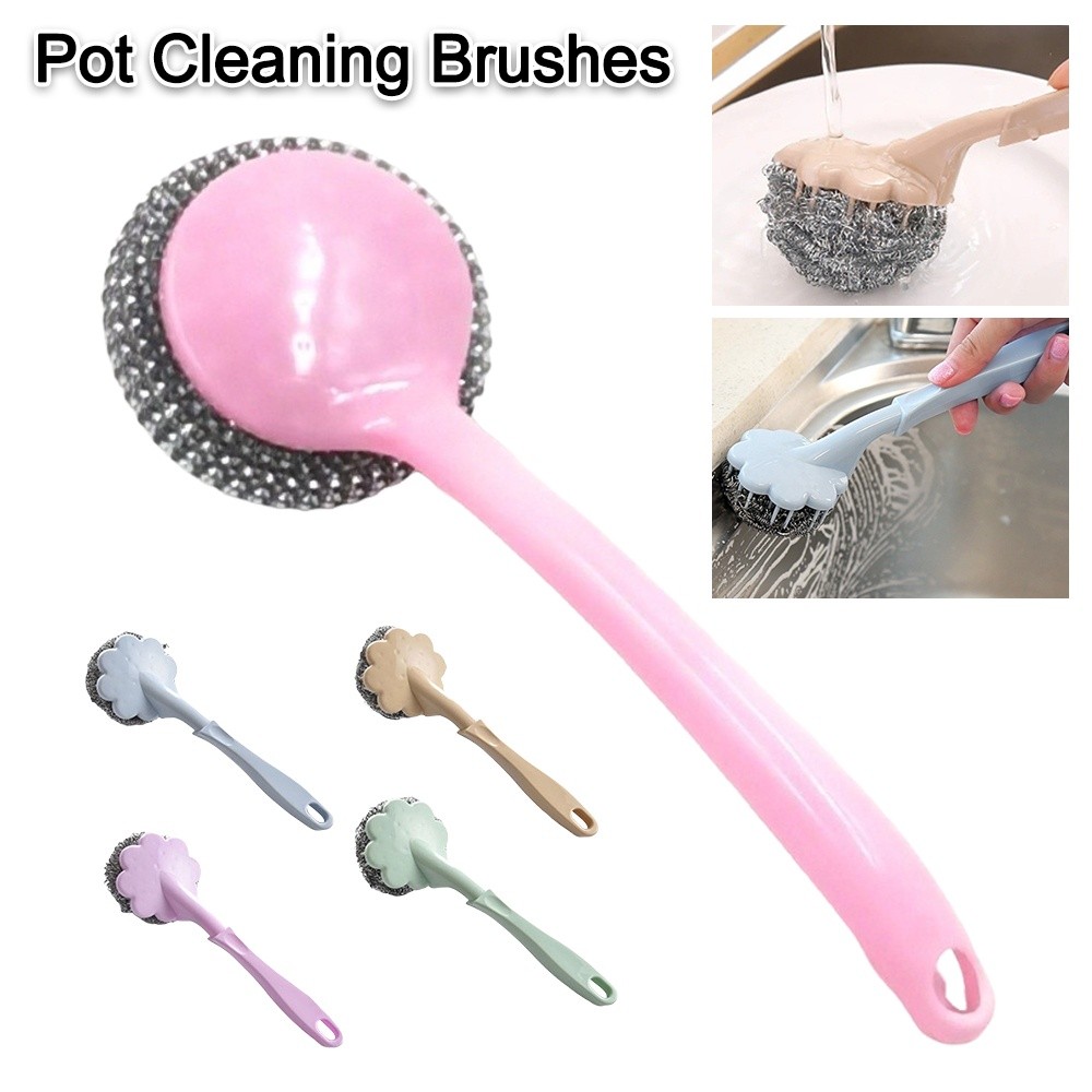 New Long Handle Cleaning Ball Oil Removal Multi-function Steel Wire Ball Brush Non-stick Oil Wire Brush Kitchen Accessory
