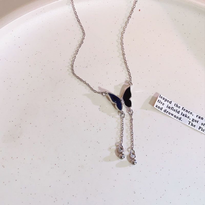 【Hottest Trends】Black Tassel Butterfly Elegant Necklace Female Personality Niche Spring Spice Girls Clavicle Chain Simple Alloy New Style