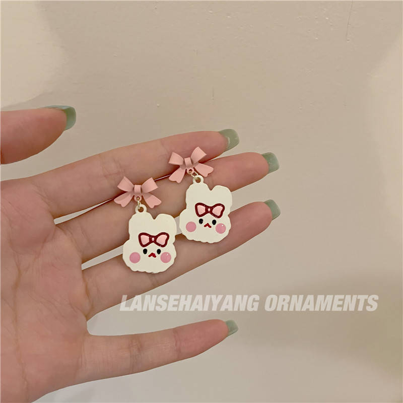 【New Arrivals】Super sweet! Pink Bow Bunny Earrings Cute Cartoon Sweet Earrings Women's 2023 Summer New