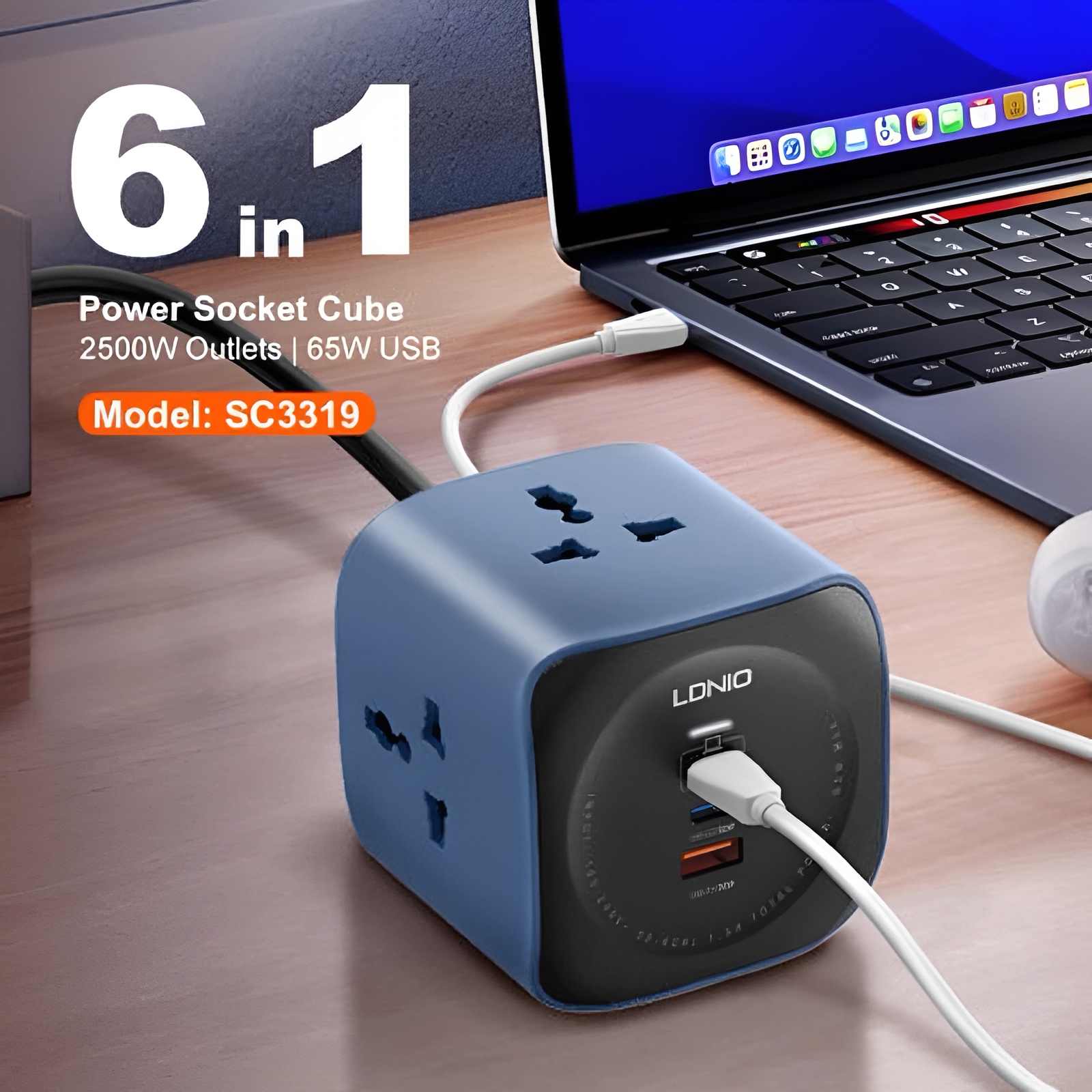 LDNIO SC3319 65W 6-in-1 Power Socket Cube Multiplug - 3 Universal Outlets & 3 USB Ports (2 USB-C PD + 1 USB-A QC3.0) - Super Fast GaN Charging for Laptops, MacBooks & Smartphones - 2M Heavy Duty Power Cord