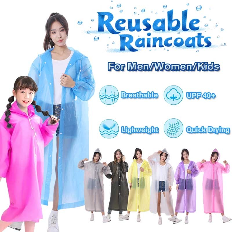 Reusable Waterproof Rain Poncho Hooded Adjustable Drawstring Raincoats for Adults Kids Songkran Festival Outdoor Water Fight Party Rainy Day Hiking Camping Gear