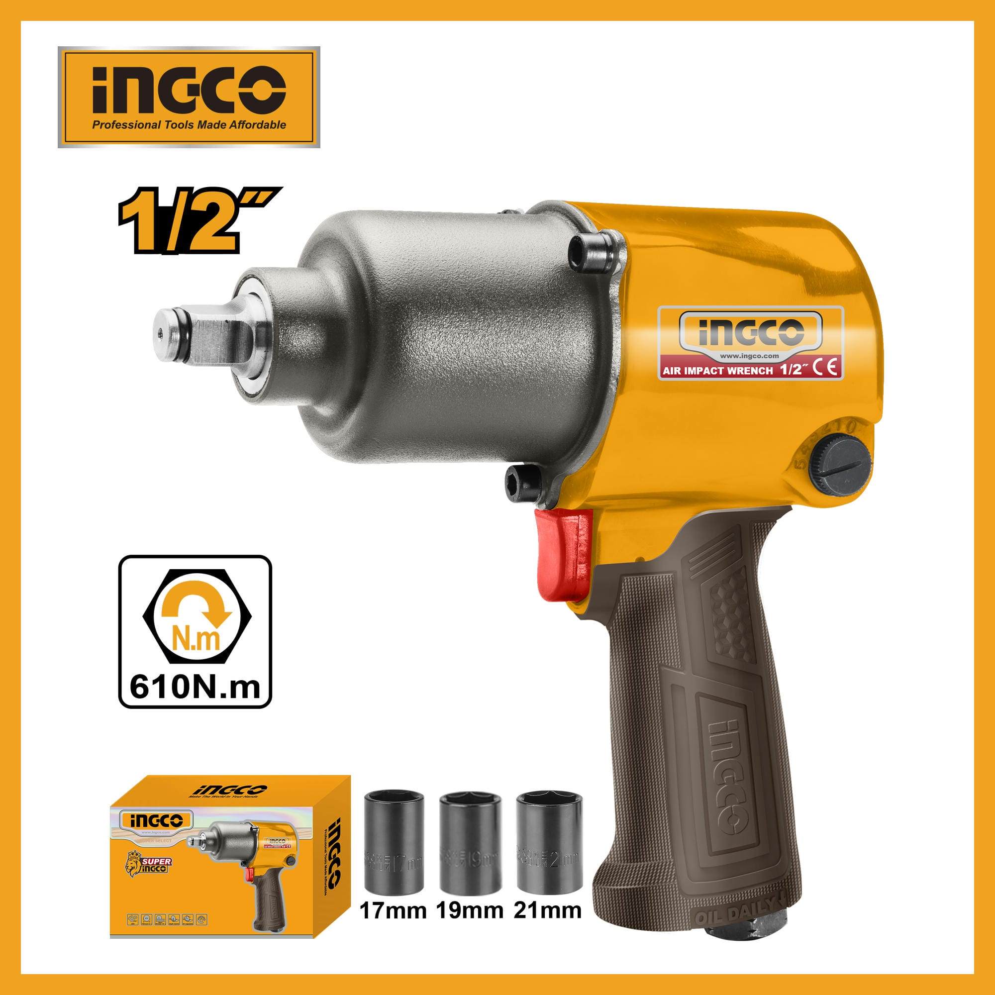 INGCO 1/2" 610Nm Air Impact Wrench For Tire removal, Engineering Site, Locomotive Maintenance, Workshop Assembly AIW12562