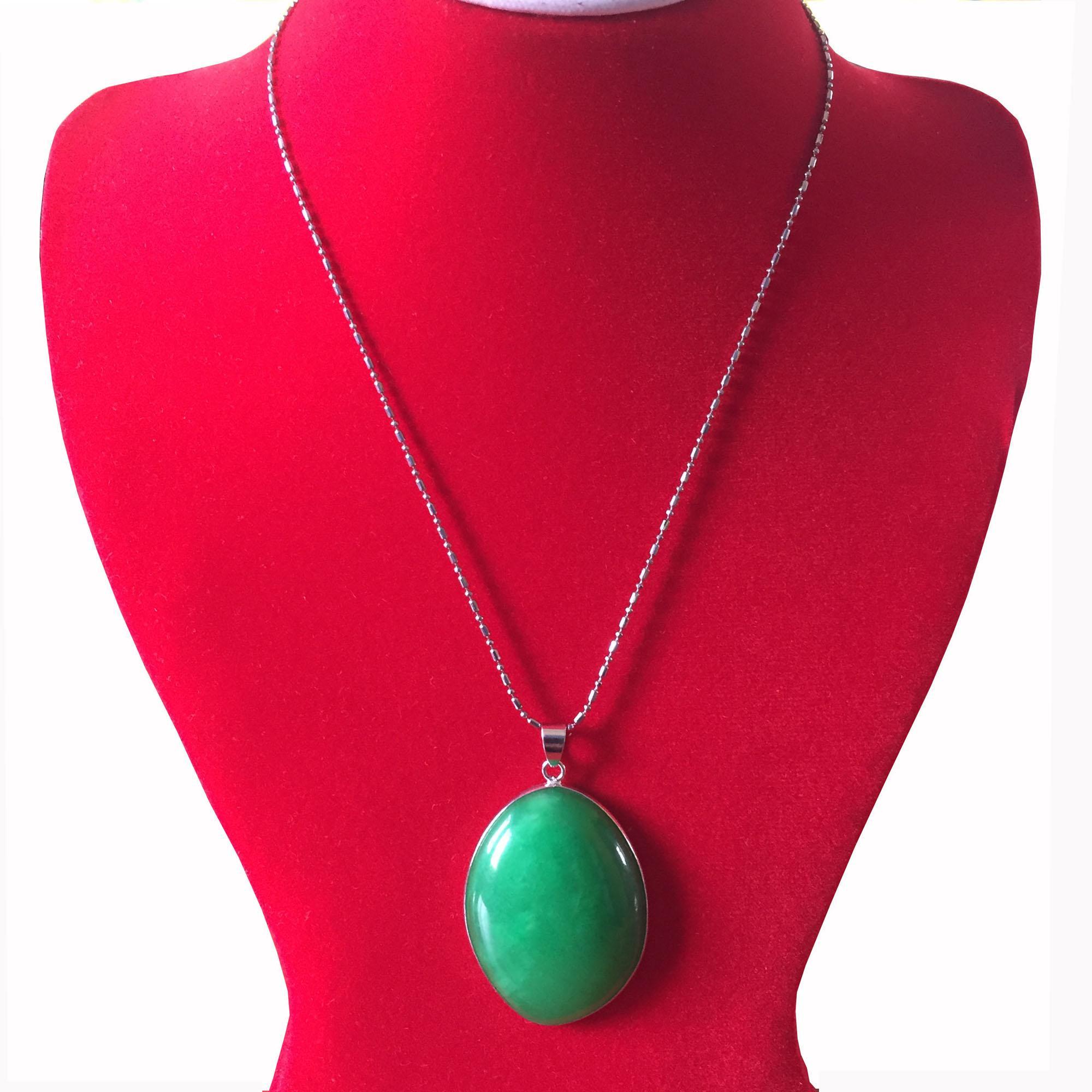 White Gold Plated Chain With Large Oval Green Stone Locket For Women