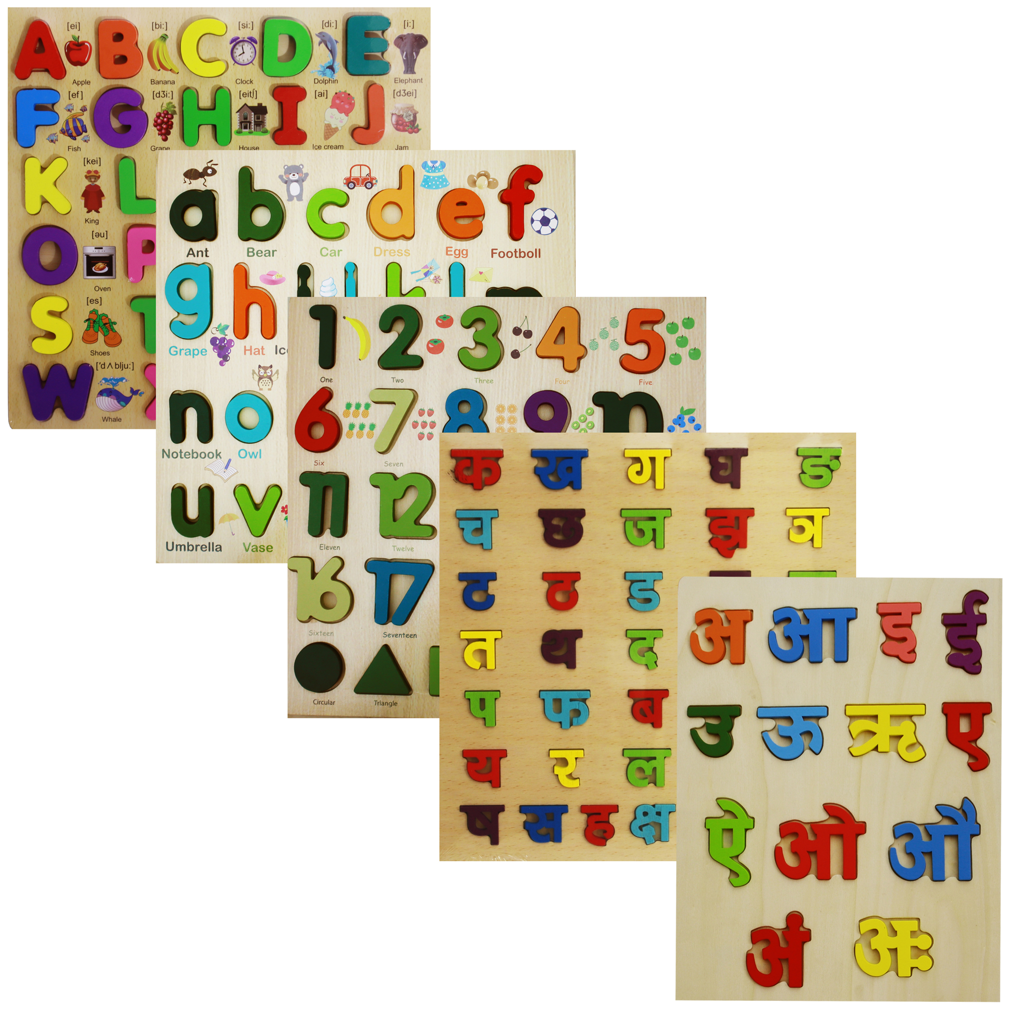 5 In 1 Wooden Educational Combo Board Set for Kids - Capital ABCD & Small abcd Letters, Numerical Numbers 1-20 with Geometric Shapes, Nepali Varnamala Ka-Kha-Ga & A, AA, E Boards for Baby