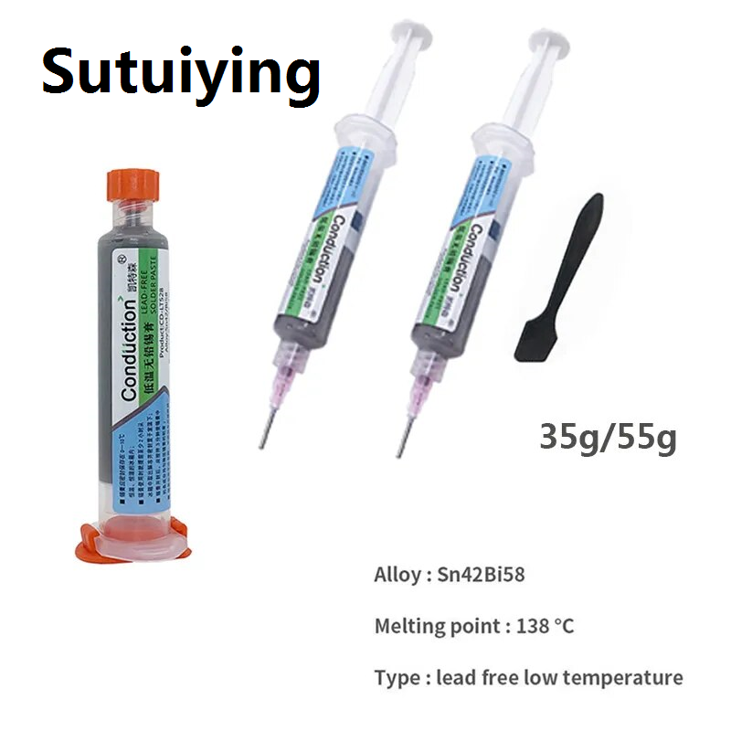 Sutuiying solder paste 35/55g Low Temperature Lead-free Syringe Solder Paste Melting Point 138 Flux For Soldering Sn42Bi58 SMD LED Repair Welding Pastehand tools