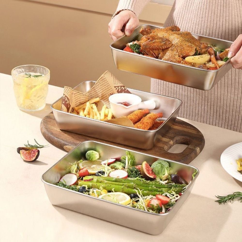 Durable Stainless Steel Square Plate with Lid Rectangular Food Storage Pan Multifunction Large Baking Dish Kitchen Cooking Tools