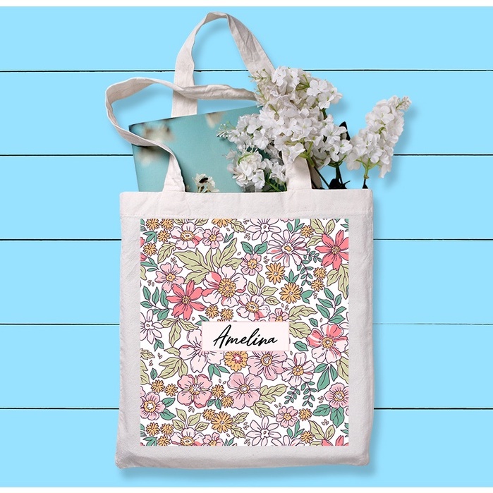 Tote Bag Pink Florals Personalised With Name/text, happy birthday, friendship, love 7QFU