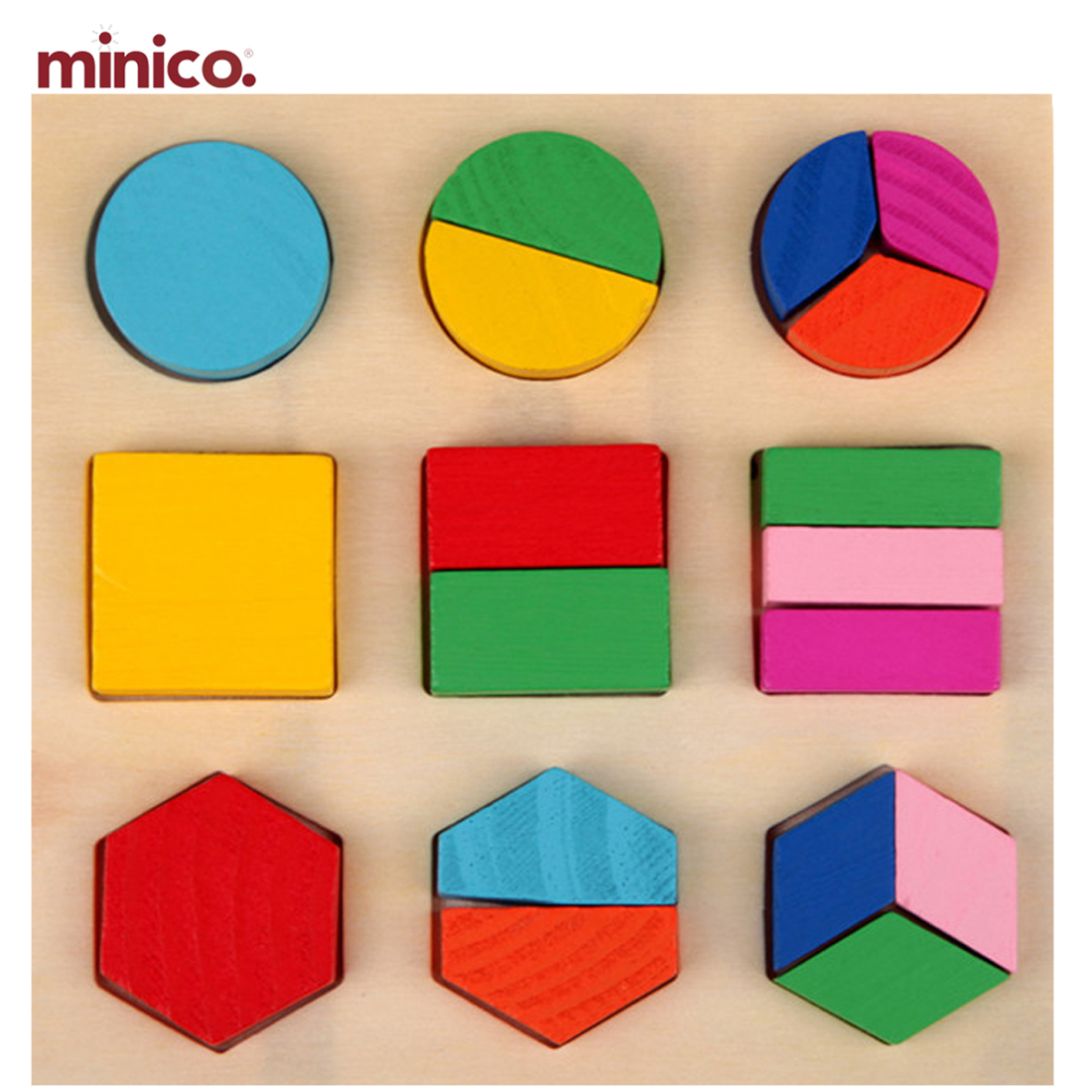 Minico Wooden Geometric Shape Sorting Puzzle Board - Montessori Educational Toy for Kids - Colorful Circle, Square & Hexagon Blocks - Early Learning & Fine Motor Skills Development