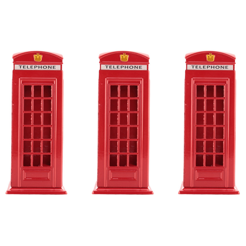 3X Metal Red British English London Telephone Booth Bank Coin Bank Saving Pot Piggy Bank Red Phone Booth Box 140X60X60mm